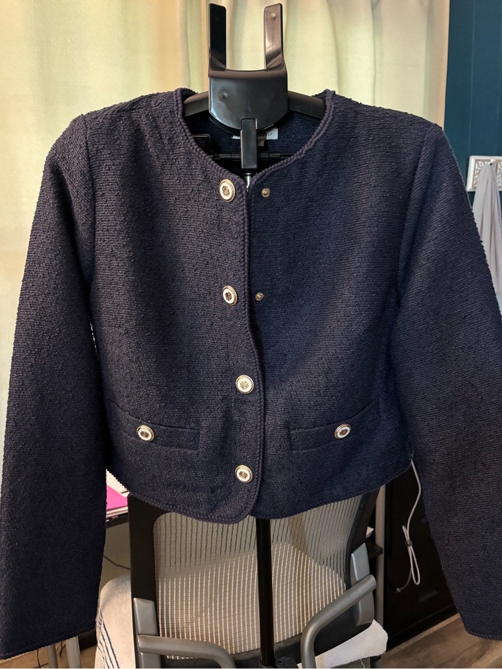 Classic Navy Bouclé Collarless Cropped Jacket